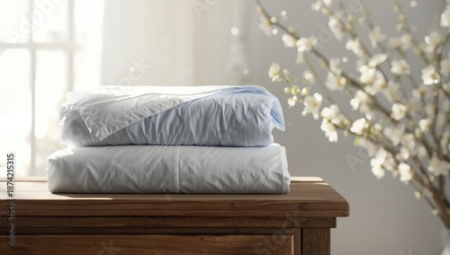 Stack of fresh bedding on a...