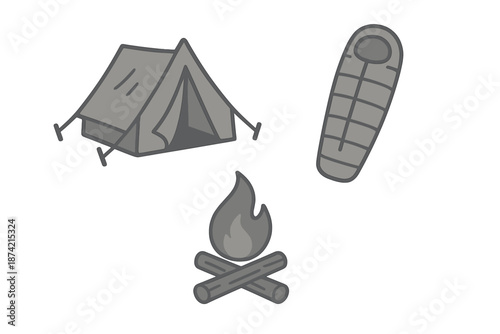 Camping equipment set including tent, sleeping bag, and campfire setup for outdoor adventure activities