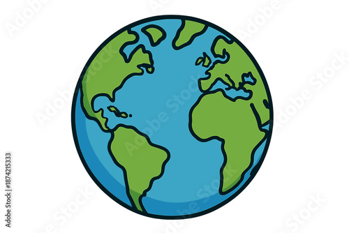 Image of a stylized globe showing continents and oceans in a simple design with blue water and green land