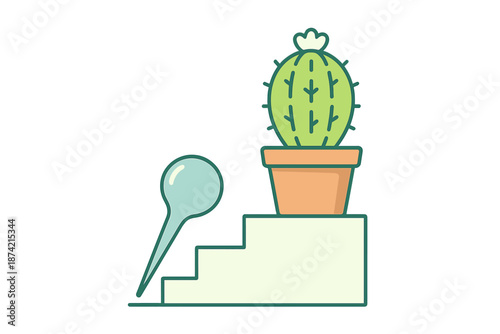 Cactus placed on steps in a planter during daytime with a marker indicating location