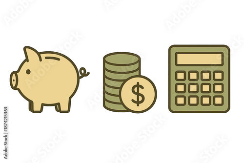 Concepts of saving money are shown with a piggy bank, coins, and a calculator in a simple design related to personal finance
