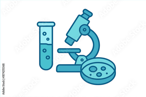 Laboratory equipment including microscope, test tube, and petri dish used for scientific research and experiment analysis