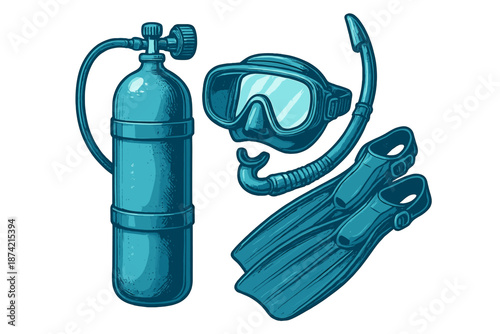 Diving equipment including a tank, mask, snorkel, and fins arranged together on a simple background