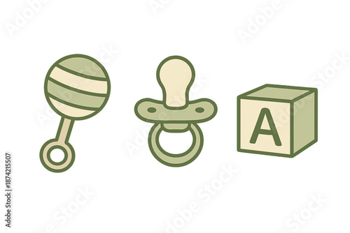 Colorful baby toys for playtime and learning with a rattle, pacifier, and letter block set