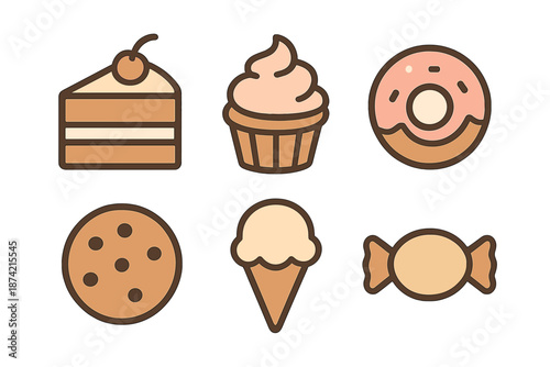 Various desserts including cake, ice cream, cupcake, donut, cookie, and candy on a white background