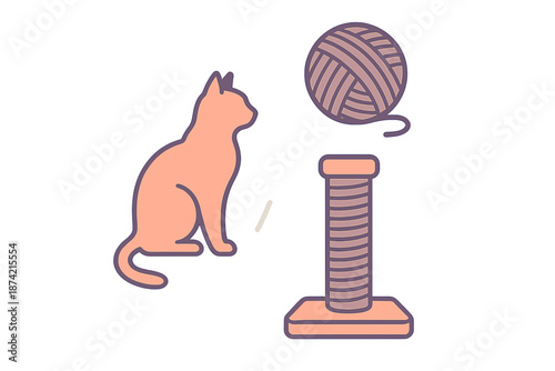 Cat sits near yarn ball and scratching post in a cozy indoor setting with simple lines and colors