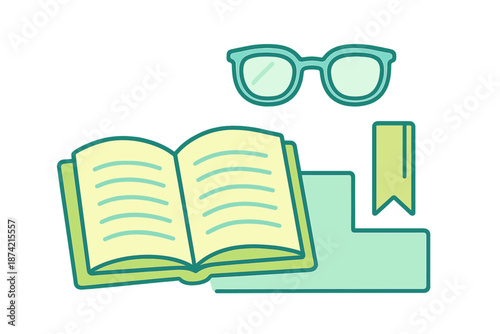 Reading material with open book, glasses, and bookmark placed on flat surface