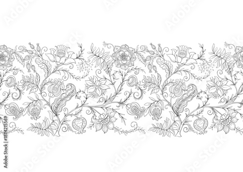 Botanical floral seamless ornament. Vintage hand drawn pattern with ornate garden flowers, leaves and intricate decorative swirls for textile wallpaper. Classic elegant motif design.
