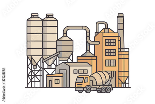 Cement plant with storage silos and a mixer truck during day time in an industrial area