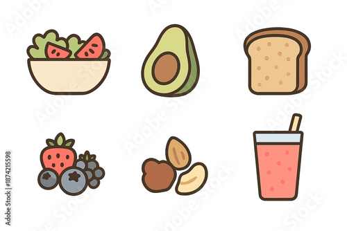 Healthy food options include salad, avocado, bread, berries, nuts, and smoothie in a simple layout on a white background