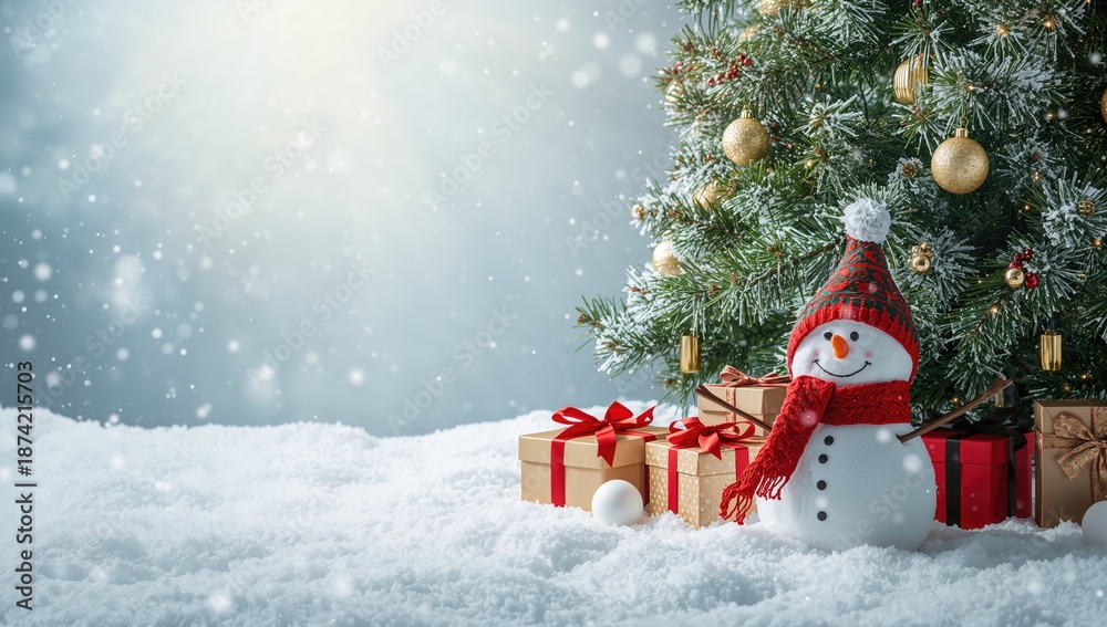 Obraz premium Festive holiday card with snowman illustration, winter celebration visual backdrop