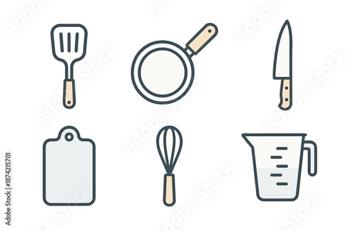 Kitchen tools including spatula, sieve, knife, chopping board, whisk, and measuring jug are arranged for cooking tasks