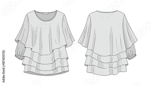 Elegant Tiered Ruffle Sleeve Blouse Fashion Design Sketch Flat Lay Front and Back Views