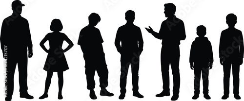 Silhouettes of adults and children standing in a row, showcasing diversity in age, posture, and interaction against a clean white background