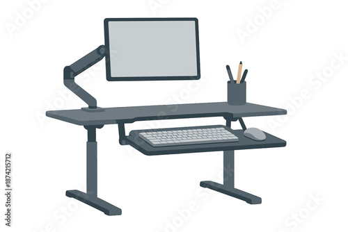 Modern desk setup with adjustable monitor stand, keyboard, and mouse for productive work environment