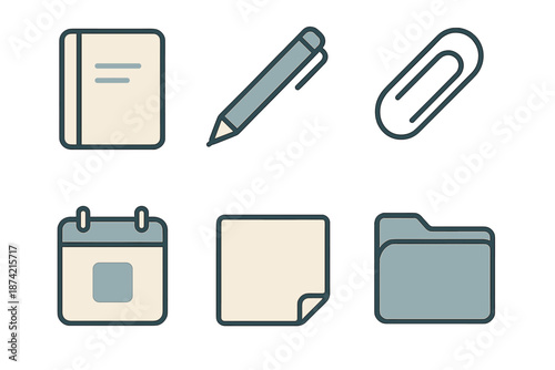 Office supplies collection including notebook, pen, paperclip, calendar, sticky note, and folder on a plain background