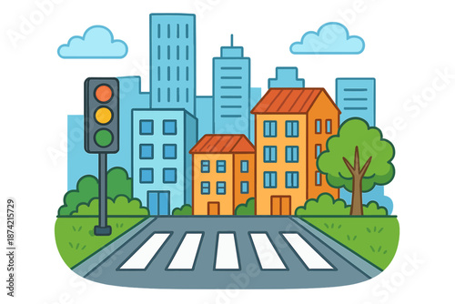 City street scene with buildings, traffic light, and crosswalk during the day in a bustling urban area