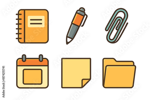 Office supplies include notebook, pen, paper clip, calendar, sticky note, and folders arranged on a white background