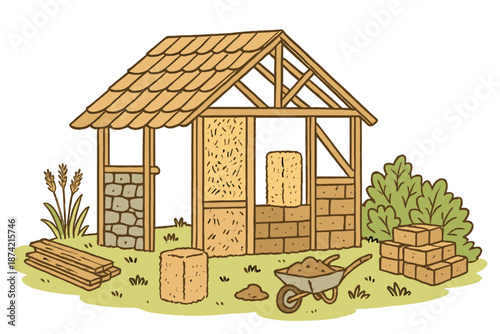 Construction of a simple barn in a green field with straw, stone, and wood materials in early afternoon light