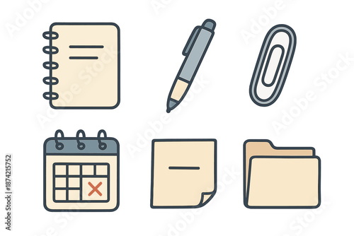 Various office supplies including notebook, pen, calendar, and folders arranged in a flat lay format on a plain background