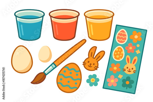 Decorating eggs for Easter with colors, brushes, and bunny designs on a table