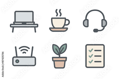 Workspace setup with computer, coffee, headset, plant, router, and checklist
