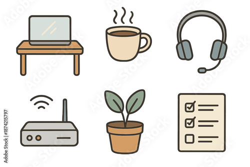 Work setup with a computer, coffee, headset, plant, router, and checklist in a simple environment