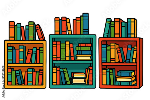Colorful bookshelves filled with various books in different sizes and shapes at a library or study area