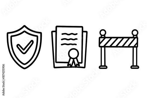Security symbol, document with seal, and construction barrier shown together for construction site safety