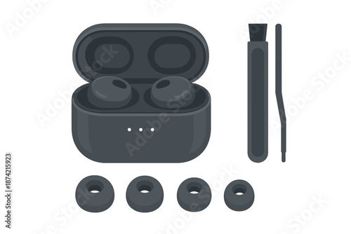 Wireless earbuds with case and accessories on a plain background for listening to music and making calls