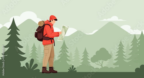 Hiker with Backpack and Map in Forested Mountain Area.