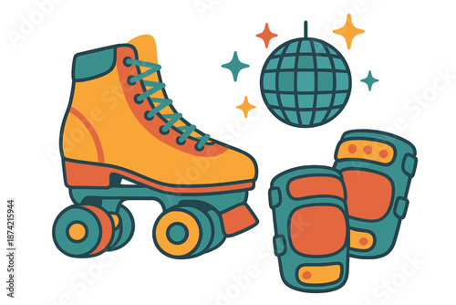 Roller skate and safety gear with disco ball in a fun and vibrant design for skating activities in a lively setting