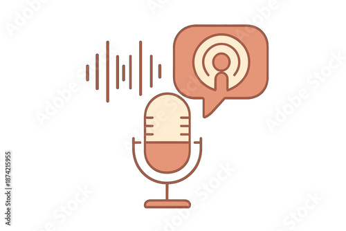 Microphone with sound waves and speech bubble shows a podcast concept with voice recording in a simple design