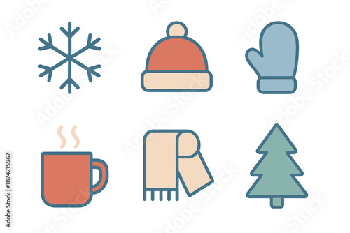 Winter items on a simple background with snowflakes, hat, mittens, warm drink, scarf, and Christmas tree