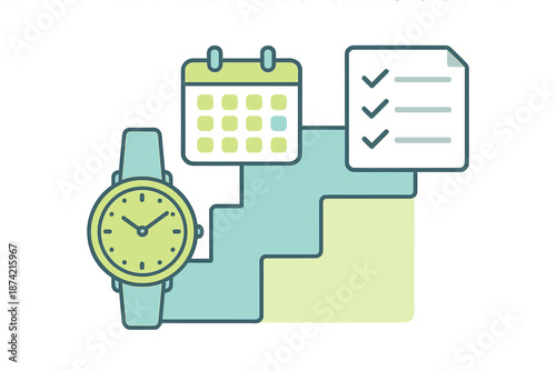 Clock, calendar, and checklist arranged together to show time management and planning in daily tasks for productivity