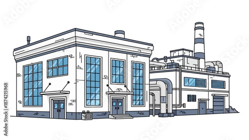 Industrial power plant building with large windows and smokestack