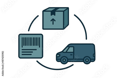 Delivery process showing package movement, barcode scanning, and transport vehicle involved in logistics cycle