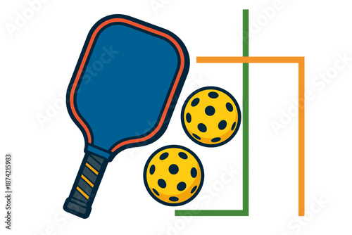 Pickleball paddle and balls on court layout during game time with colorful court lines