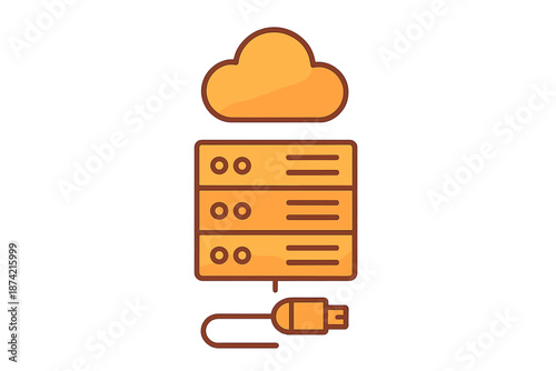 Cloud storage system with servers and connection cable for data management and access used in modern technology