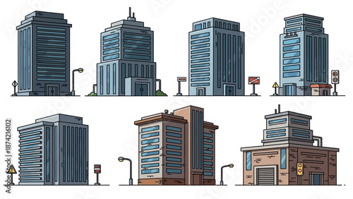 Pixel art collection of various commercial buildings including office towers and retail spaces