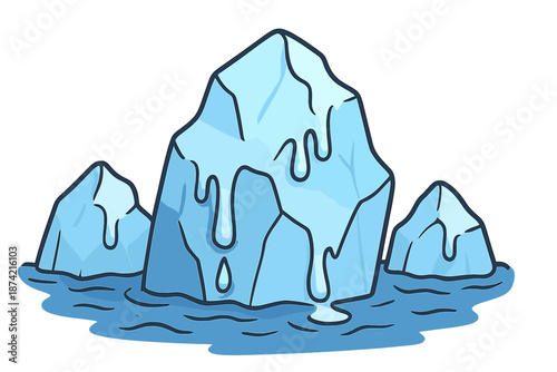 Large icebergs floating in a calm ocean under a clear sky during a bright day