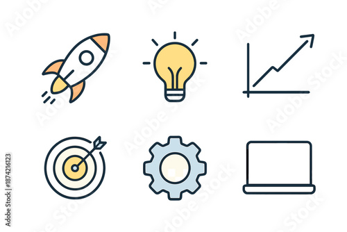 Creative elements for business growth shown through simple icons, including a rocket, light bulb, graph, target, gear, and laptop