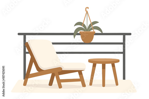 Cozy space features a chair and table with a plant hanging in a balcony setting during daytime