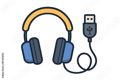 Headphones connected to a USB cable on a white background for audio listening and gaming