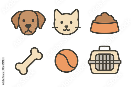 Dog and cat icons with pet food bowl, toy ball, bone, and carrier in simple design