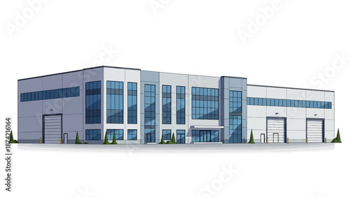 Modern Industrial Building Exterior Facade with Large Bay Doors and Multiple Windows