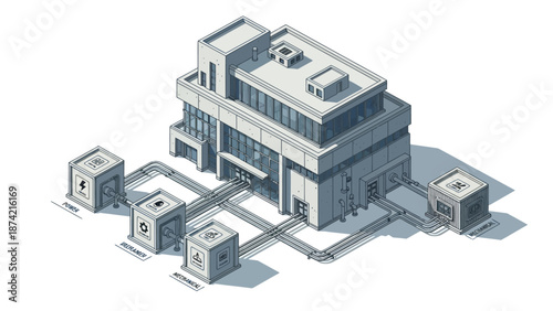 Isometric illustration of a modern facility with connected processing units, representing industrial operations and technological advancement