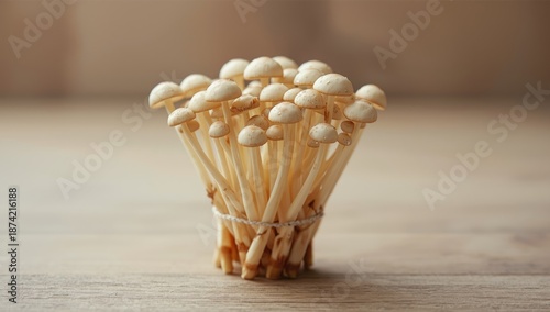 Fresh organic enoki mushrooms in a bunch highlighting their delicate texture for food preparation