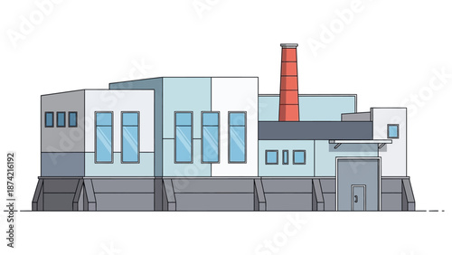 Modern industrial building with a tall chimney, representing manufacturing and production processes in a clean, minimalist style