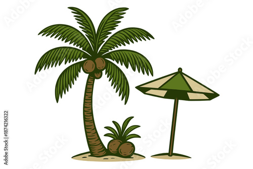 Palm tree and umbrella on sandy ground in a sunny area near the beach with coconuts in the background